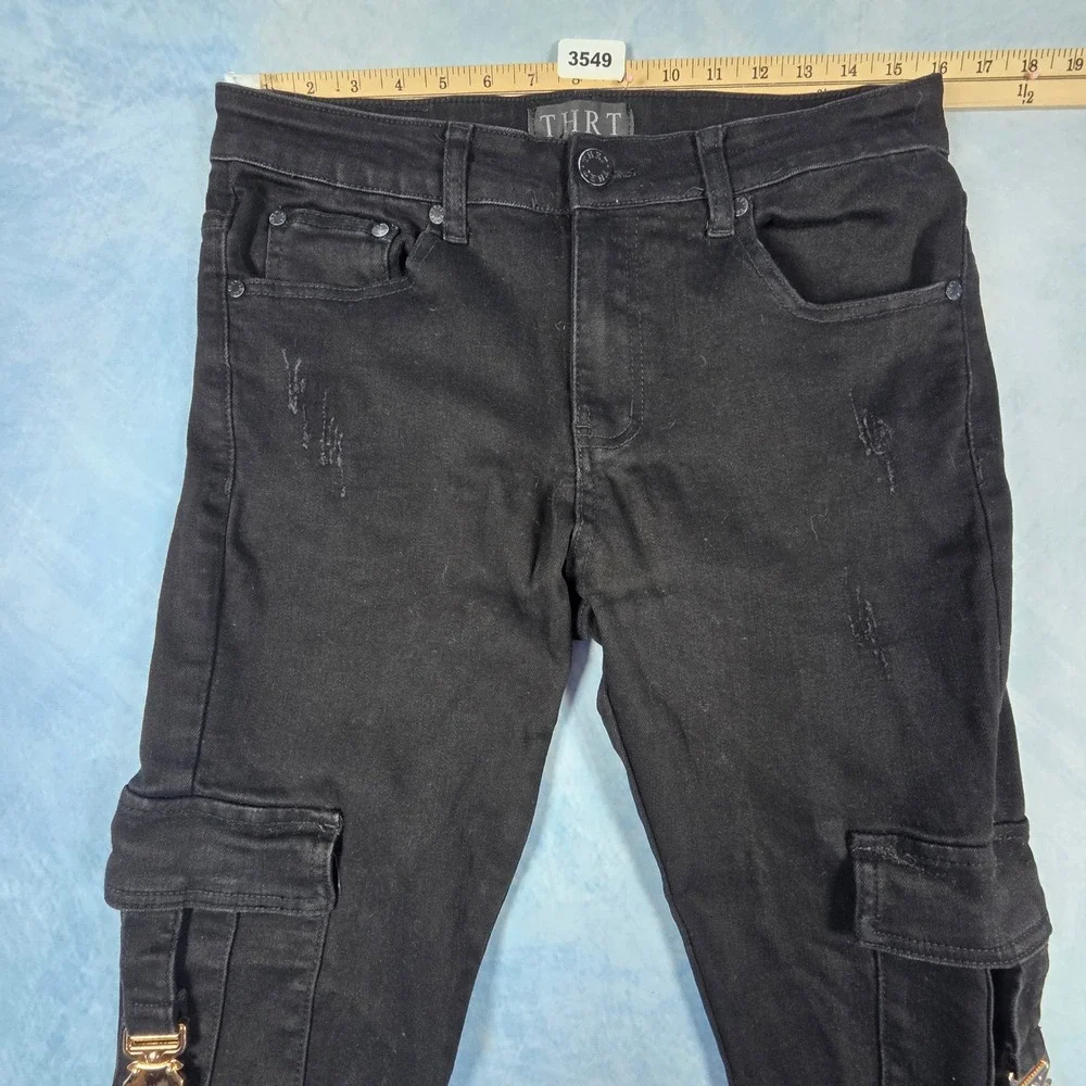 THRT Denim Mens Black Cargo Jeans Slim Fit Distressed Buckle Pockets Size 32